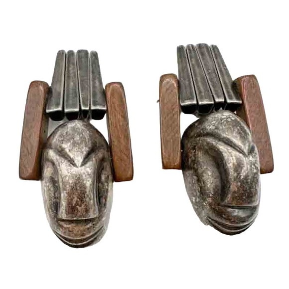 Vintage Modern Handmade Mask Clip On Earrings Pewter? Wood Tribal Easter Island - Picture 1 of 12